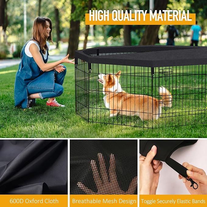 Dog Playpen Regular Octagon Metal Exercise Pet Playpen 8 Panels 24 Inch Mesh Top Cover for Small Medium Pets Indoor Outdoor(Only Cover,Playpen Not Included)(Black Top Cover)