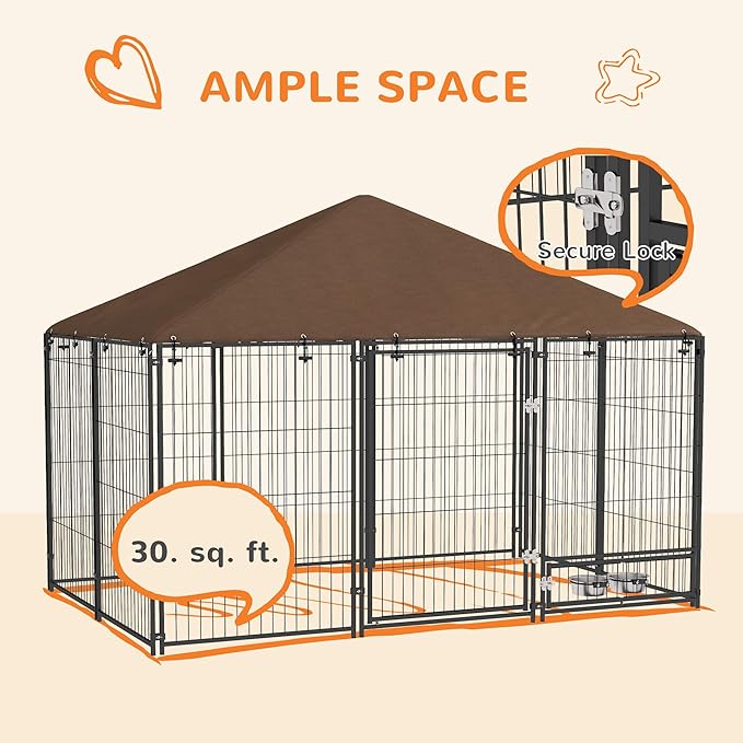 PawHut Outside Dog Kennel, 6.9' x 4.6' x 5' Puppy Play Pen w/Canopy, Secure Lock, Heavy Duty Welded Wire Steel, Rotating Bowl, Garden Playpen Fence Crate Enclosure Cage for Dogs Chickens Ducks, Black