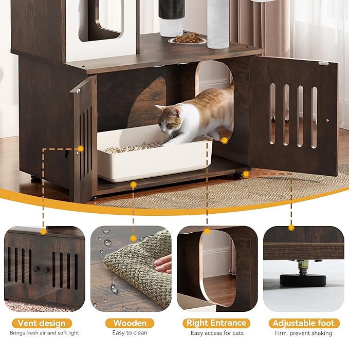 YITAHOME Cat Tree with Litter Box Enclosure, 2-in-1 Cat Furniture, Modern Cat Condo with Cat House, Perch, Food Station, Hammocks, Scratch Post, Hair Brush, 59 Inch, Rustic Brown