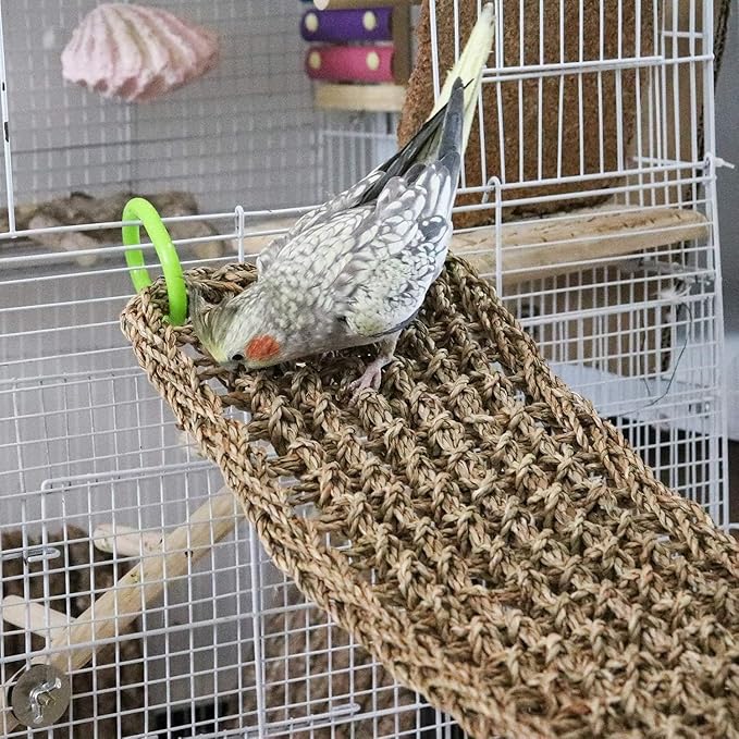 Birds Natural Seagrass Mat Hanging Woven Net Hammock Mat with Hooks Bird Cage Accessories Climbing Rope Ladder Chew Toys for Cockatiel Hamster Guinea Pig Rats Hamster Parakeet (39''x 7'')