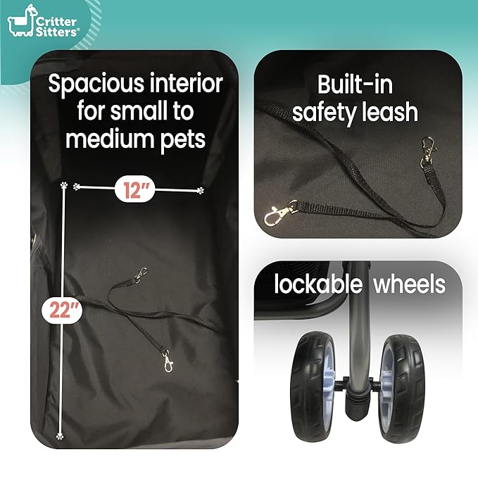 Critter Sitters Pet Stroller, Single Carriage Carrier for Animals up to 33 Pounds, 4-Wheel, Travel, Hiking & Transportation for Cats, Small Dogs, Rabbits, Black