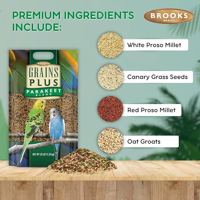 Brooks Brand Grains Plus Parakeet Blend, Bird Food Parakeet Bird Seed, Seed Mix, Millet for Budgie Seed, 25 lbs
