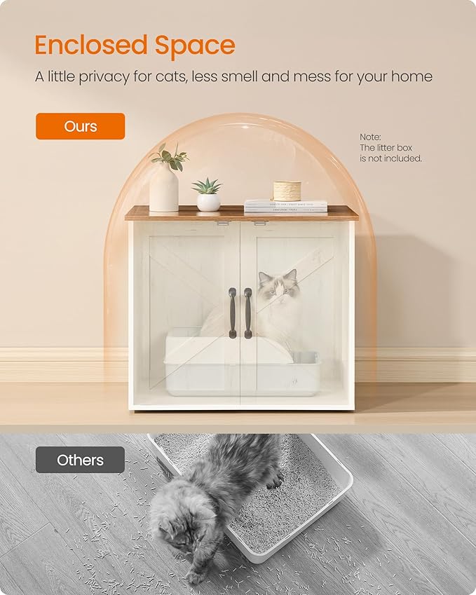 Feandrea Cat Litter Box Enclosure, Hidden Litter Box Furniture, Indoor Pet House End Table, 23.6 x 19.7 x 19.7 Inches, Rustic White and Honey Brown UPCL042W201
