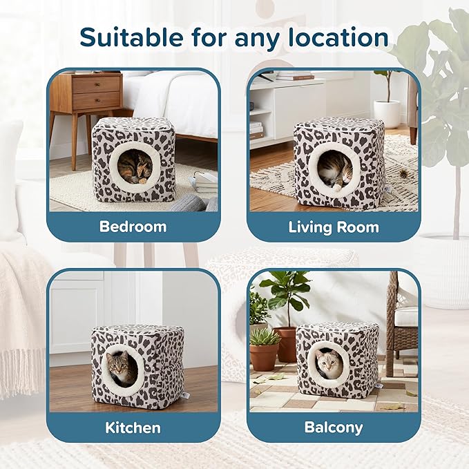 Cat House - Indoor Bed with Removable Foam Cushion - Cat Cave for Puppies, Rabbits, Guinea Pigs, and Other Small Animals by PETMAKER (Animal Print)