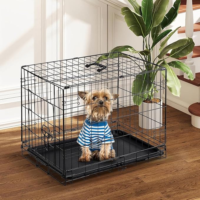 DUMOS Dog Crate, 30 Inch Medium Size Single Door Dog Cage with Plastic Leak-Proof Pan Tray, Folding Small Metal Wire Pet Kennel for Indoor, Outdoor, Travel