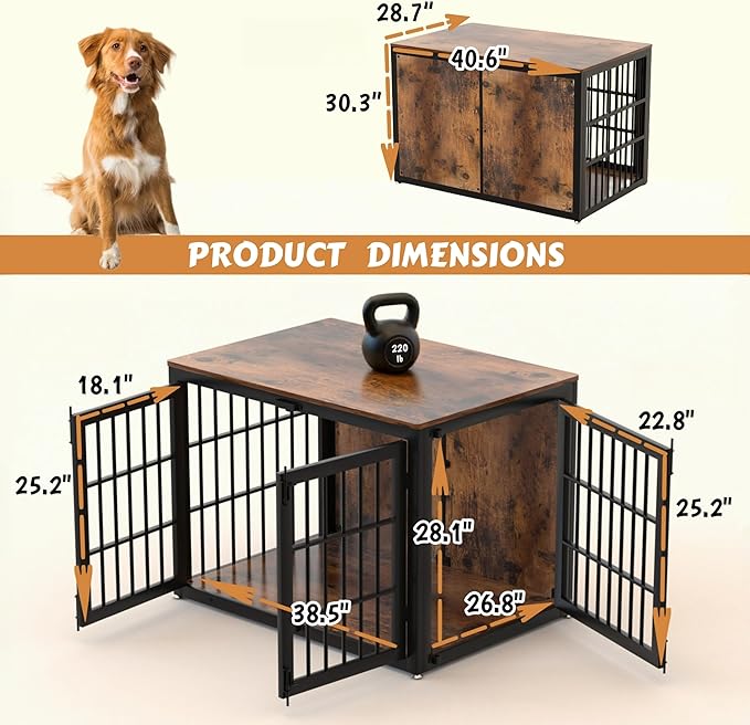 41" Heavy Duty Dog Crate Furniture, Wooden Dog Cage Kennel for Medium and Large Dogs, Dog Kennel Indoor with Side Door, Decorative Pet House End Table, Brown