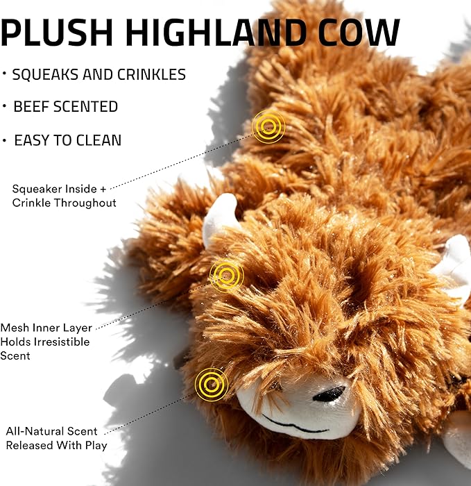 Playology Dog Toys | Plush Highland Cow Stuffed Animal | Beef Scented Jumbo Squeaky Toy | Plush Chew Toy for Large Dogs