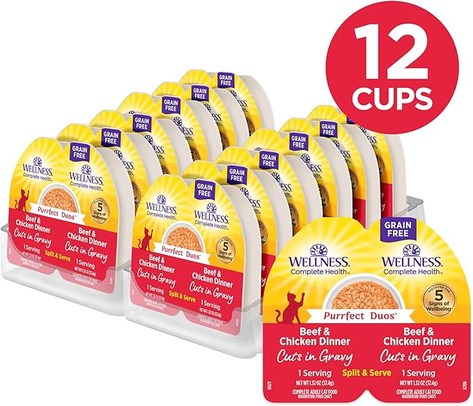Wellness Complete Health Purrfect Duos Cuts in Gravy Adult Wet Cat Food, Natural, Protein Rich, Grain Free, Beef and Chicken Dinner Recipe, 2.64 oz, Pack of 12 Split Cups