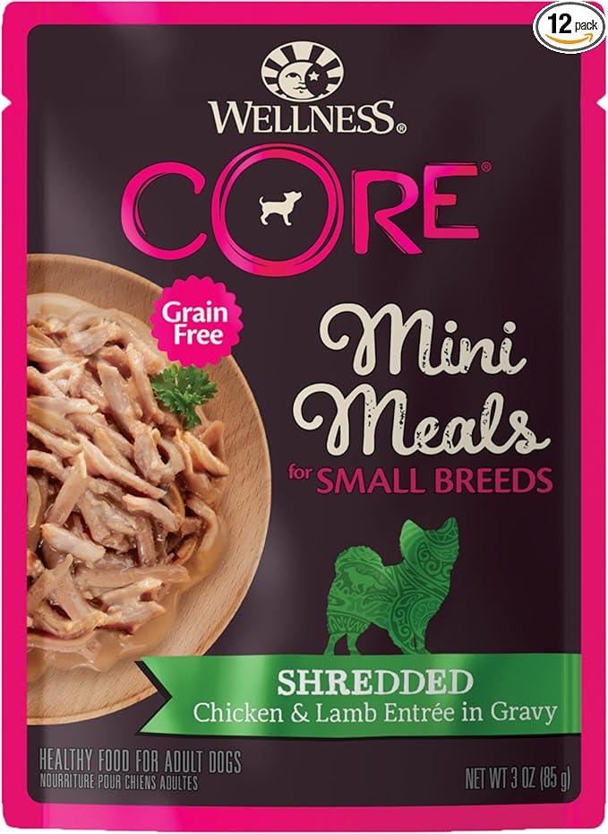 Wellness CORE Small Breed Mini Meals Shredded in Gravy Adult Wet Dog Food, Grain Free, Natural, Chicken and Lamb Entrée Recipe, 3 oz, Pack of 12 Pouches