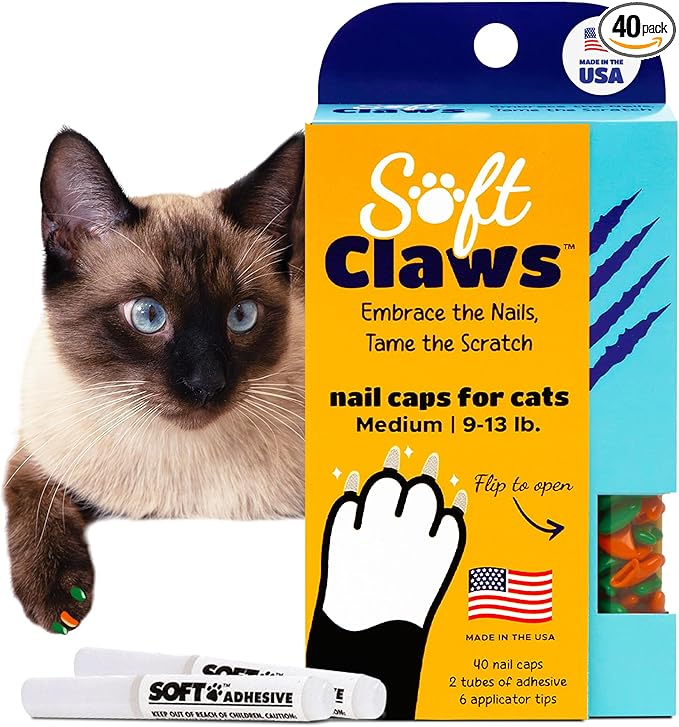 Soft Claws Cat Nail Caps for Medium Cats – (40 Caps, Green and Orange)-Made in USA - Veterinarian-Developed | Protects Furniture & Skin - Easy to Apply, Long-Lasting Anti-Scratch Soft Cat Claw Covers