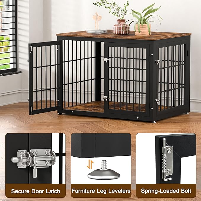 rehomerance 42 Inch Heavy Duty Dog Crate Furniture for Large and Medium Dogs, Decorative Pet House End Table, Wooden Cage Kennel Furniture Indoor, Rustic Brown