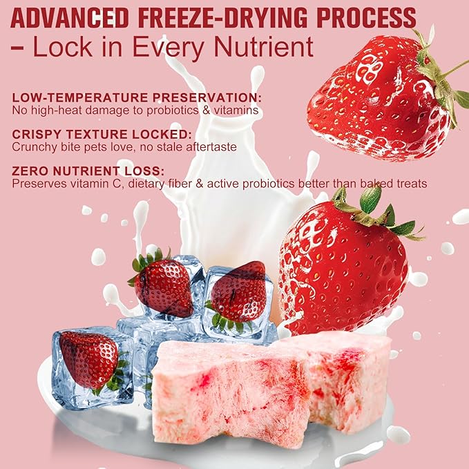 Freeze Dried Yogurt Dog Cats Treats Crunchy Snacks with Strawberry100g (3.52oz), High Protein Yogurts Snacks Pets Food for Cats Dogs Training (Strawberry Yogurt 3pcs)