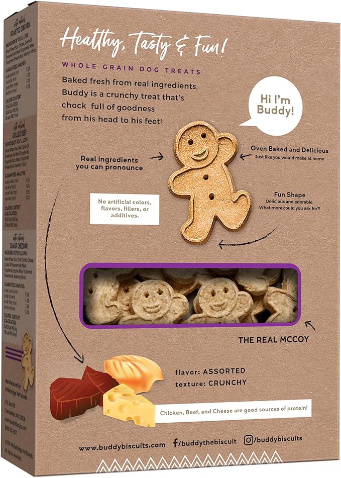 Buddy Biscuits 16 oz. Box of Crunchy Dog Treats Made with Assorted Flavors of Roasted Chicken, Grilled Beef, and Sharp Cheddar
