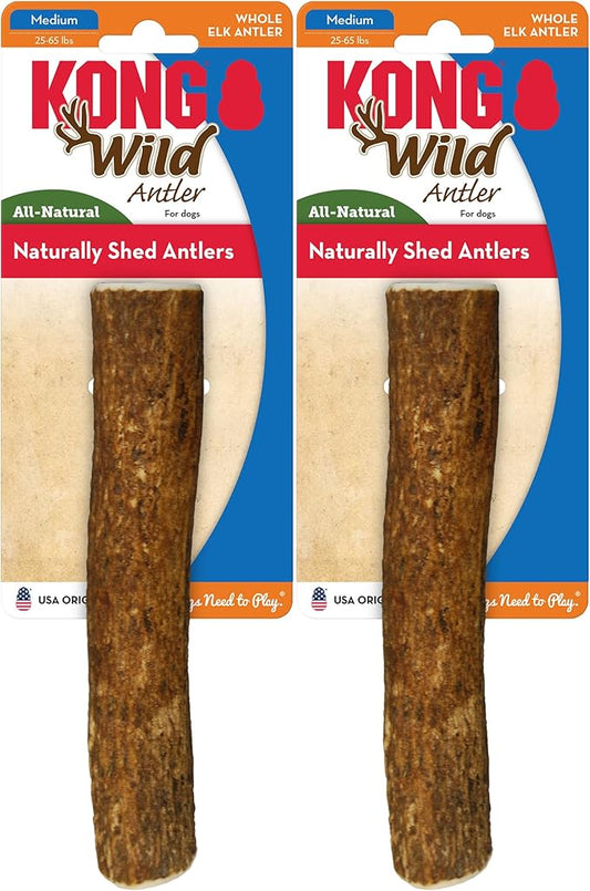 KONG Antlers for Dogs – 2 Pack of Naturally Shed Elk Antlers, 100% All-Natural & Sustainable Chews, Long-Lasting, Cleans Teeth, Freshens Breath (Medium)