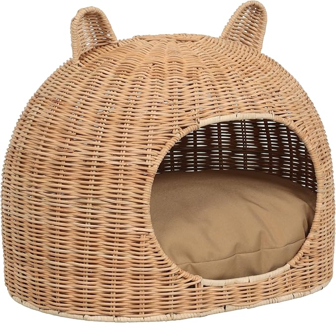 CBD1000B Cat Ear 20" x 14.5" Handwoven Water Hyacinth Pet Bed, Wicker Cat Hideaway Dome with Machine-Washable Cushion, Coastal Woven Pet House for Cats and Small Dogs, Light Brown