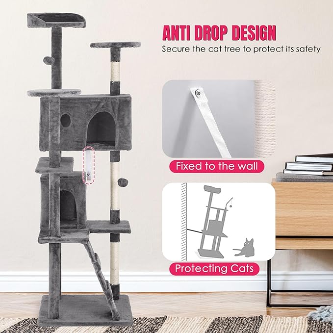 24/7 Shop at Home Court 70 inch Multi-Level Cute Cat Tree Tower with Dangling Ball and Scratching Posts for Indoor Cats Adults, Kitten Supplies, Pet House, Light Gray