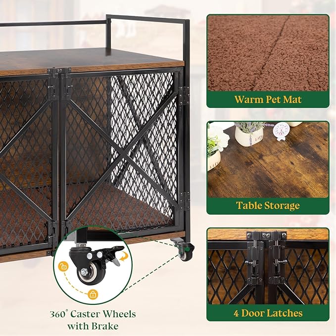 41" Dog Crate Indoor Furniture-Style for Large & Medium Dogs, Heavy Duty Wooden Indoor Dog Cage with 4 Lockable Wheels &Cushion for Living Room, Bedroom, House, Rustic Brown