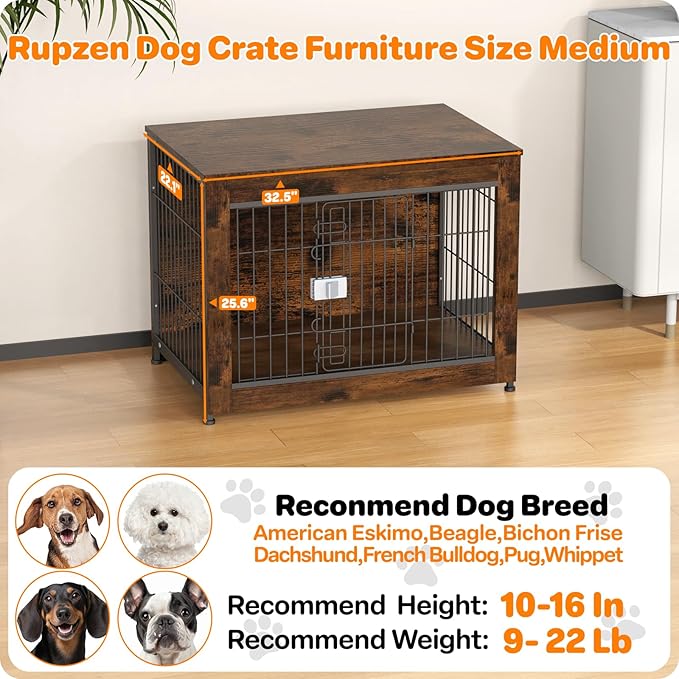 Escape Proof Decorative Dog Crate Furniture with Wooden Top, 32in Furniture Style End Table and Secure Indoor Kennel, Anti Anxiety for All Breeds, Aged Black