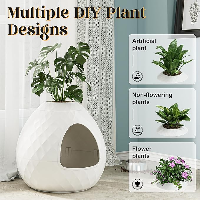 Egg-Shaped Hidden Plant Litter Box, Cat Litter Box Enclosure with Replaceable Plant Tray Top, Waterproof Cat Litter Cabinet Furniture, Odor Concealed Cat Box for Living Room Bedroom Corner