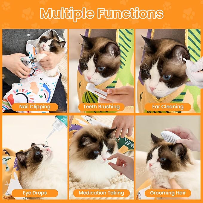17.7'' Cat Grooming Wrap for Cutting Nails Self-Adhesive Soft Polyester Fabric Swaddle Wrap for Cats Anti-Scratch Anti-Escape Restraint for Nail Clipping Pet Cleaning and Beauty (Versatile Cat,M)