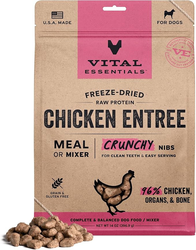 Vital Essentials Freeze Dried Dog Food, Raw Chicken Crunchy Nibs | Complete Meal or Topper | 96% Chicken, Organs & Bone | Limited Ingredient, High Protein, Grain Free Dry Dog Food | 14 oz Bag