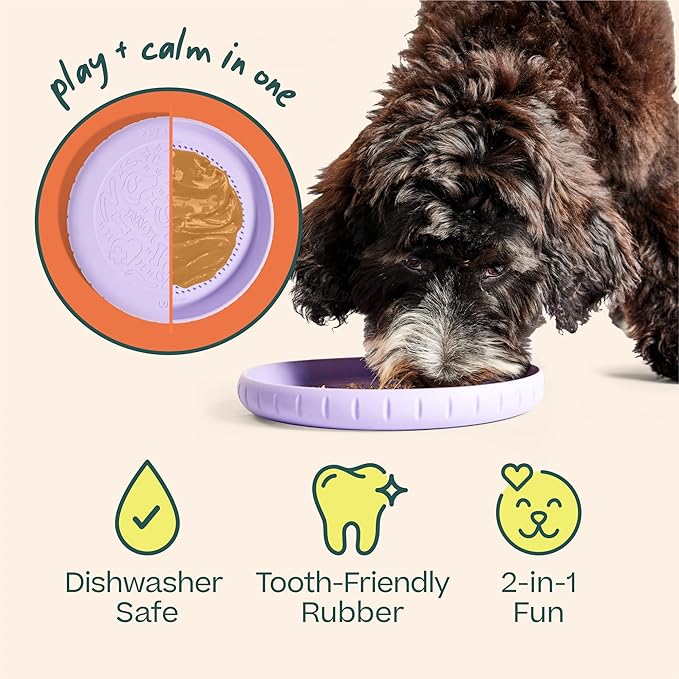 WOOF Fly n’ Feed - Flying Disc and Lick Mat for Dogs - Durable Tooth-Friendly Rubber - Interactive Dog Toy for Fetch, Treat Dispensing, and Enrichment - Lavender