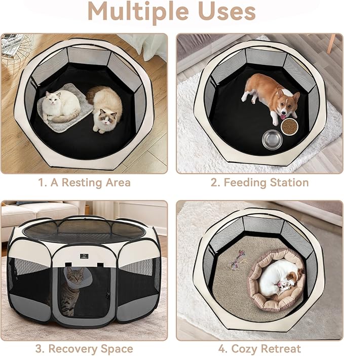 Dog Playpen for Small Dogs & Puppies, 40.55" Portable Indoor Outdoor Puppy Playpen with Bowl, Waterproof Floor, Foldable Pop-Up Pet Pen for Home, Travel & Daily Use, Grey+Beige