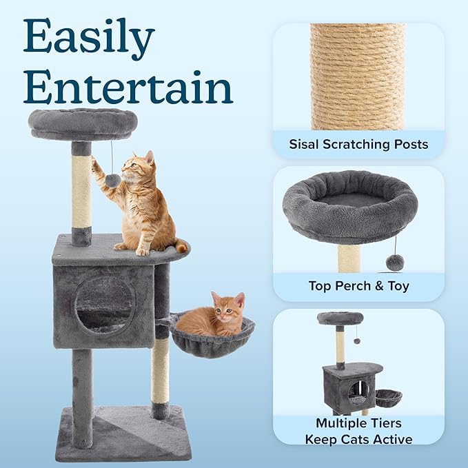 47” Tall Cat Tree Tower - Cat Tower with Hammock, Napping Perches, Kitten Condo, 2 Rope Scratching Posts, and Hanging Toy - Multi-Level Kitten Tree and Climbing Activity Furniture by PETMAKER (Gray)