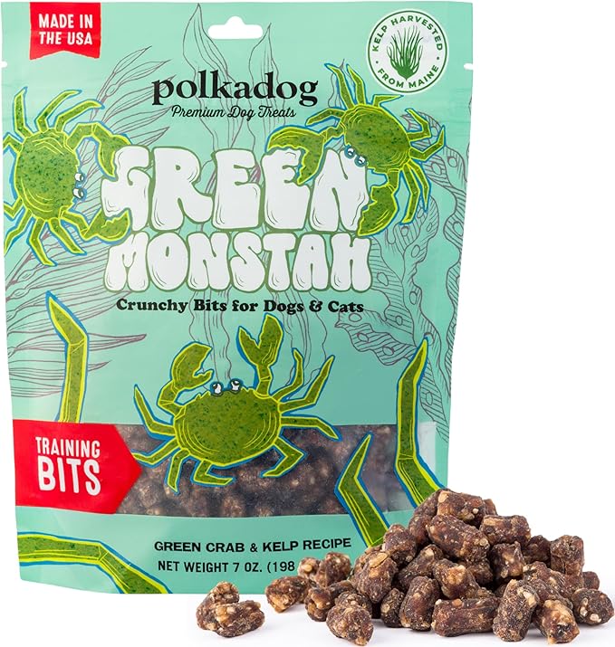 Polkadog Green Crab & Kelp Crunchy Training Bits - All Natural, Limited Ingredient, Premium Training Treats for Dogs, Omega-3 Rich. Great for Allergies, Handcrafted in USA - 7oz (1pk)