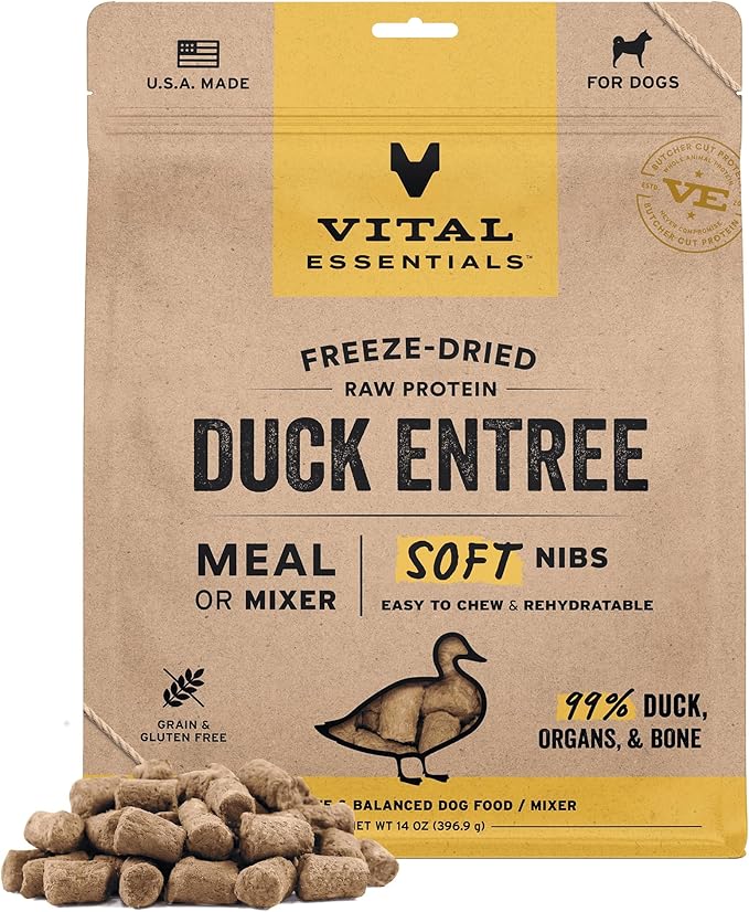 Vital Essentials Freeze Dried Dog Food, Raw Duck Soft Nibs | Complete Meal or Topper | 99% Duck, Organs & Bone | Limited Ingredient, High Protein, Grain Free Dry Dog Food | 14 oz Bag