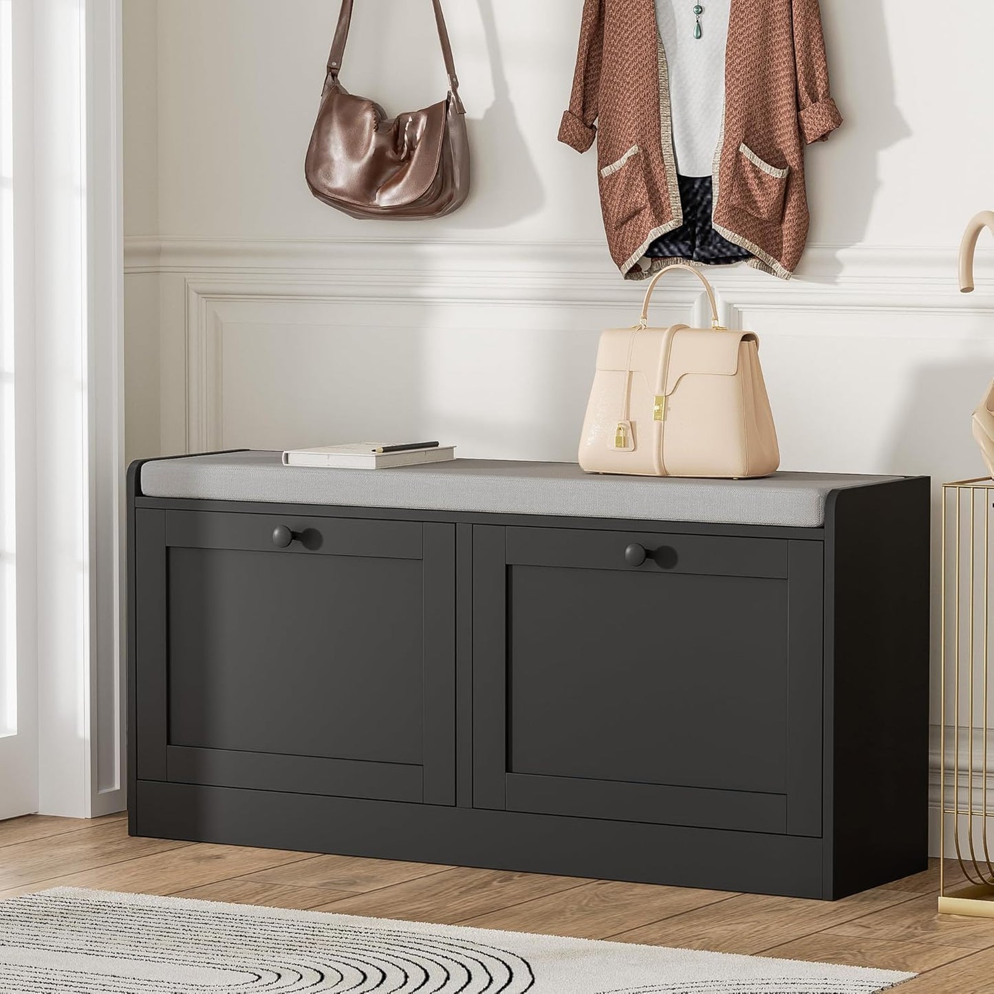 MHOM Black Modern Entryway Bench with 2 Flip Drawers, Shoe Bench with Padded Seat Cushion, Wooden Storage Bench for Bedroom and Apartment