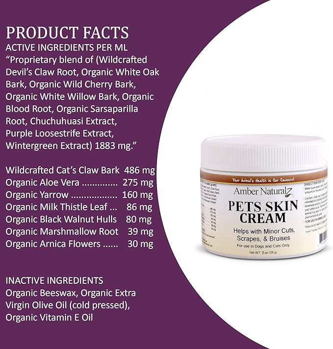 AMBER NATURALZ Pets Skin Cream Herbal Balm for Dogs and Cats | Pet Skin Cream for Minor Scrapes, Paws, Snout, Skin, and Wrinkles | 2 Ounce Container