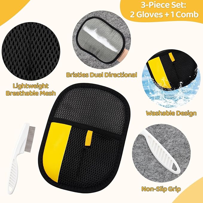 Coppthinktu Pet Hair Removal Glove for Dogs & Cats, Upgraded 2PCS Electrostatic Pet Hair Remover with Grooming Comb, Reusable Washable Magic Brush Hair Tool Mitt for Clothing, Couch, Carpet, Car Seat