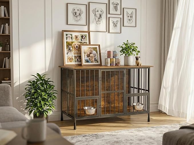 Hadulcet Foldable Dog Crate Furniture, 41'' No Assembly Indoor Dog Kennel with Storage Top, Wooden Dog Crate Table for Small to Medium Dogs, Furniture Style Dog Cage with 2 Bowls Rustic Brown