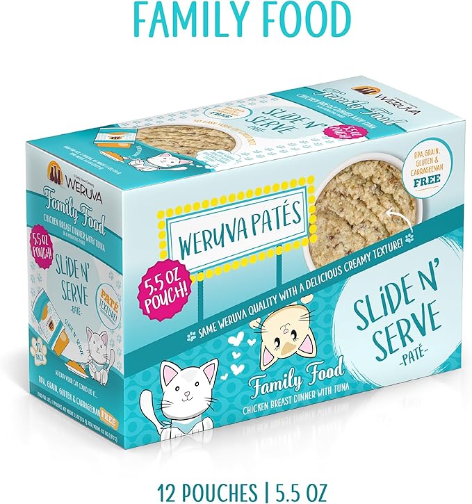Weruva Wet Cat Food, Family Food with Chicken and Tuna Pate, 5.5oz Slide N Serve Pouch, Pack of 12