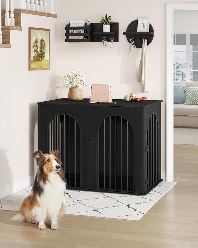 Hzuaneri 44.1" Wooden Dog Crate Furniture, Indoor Dog Kennel Dogs Cage for Small/Medium/Large Dogs, Heavy Duty Dog Crates Decorative Pet House End Side Table TV Stand, Black DFC83904B