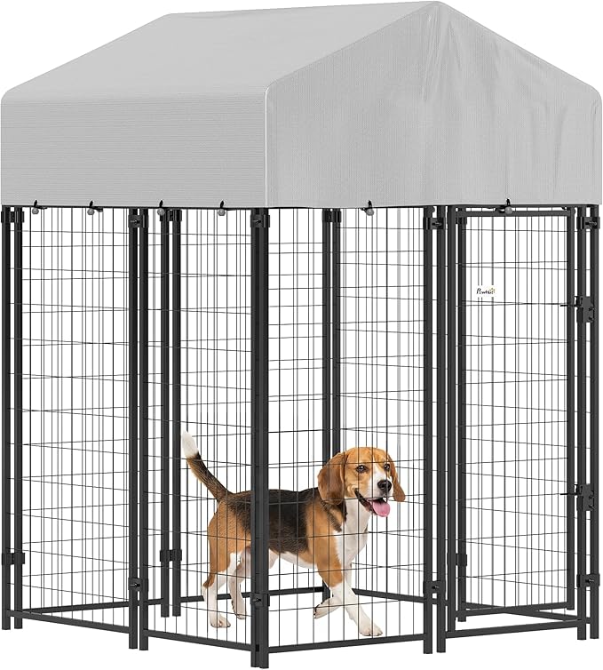 PawHut Outdoor Dog Kennel with Roof, 4' x 4' x 6' Heavy Duty Welded Wire Dog Playpen Enclosure with Escape-Proof Lock, UV-Resistant & Waterproof Cover, for Medium Dogs, Chickens, Ducks, Silver