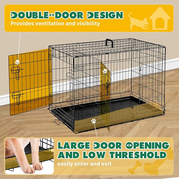 Dog Crate - 36 Inch Medium Double Door Portable Dog Cage, Metal Wire Pet Kennel with Secure Lock, Leak-Proof Pan Tray, Foldable Design for Dogs Pets Indoor Training and Outdoor Trave