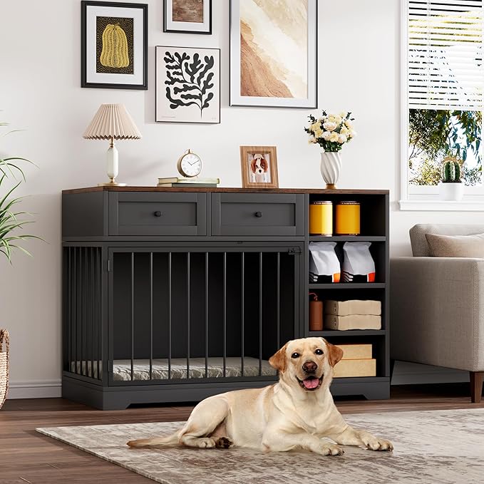 GarveeHome Dog Crate Furniture 47", Large Dog Crate TV Stand with 2 Drawers and 4 Shelves, Wooden Dog Kennel Indoor, Decorative Dog Cage with Storage for Large Dogs, Black