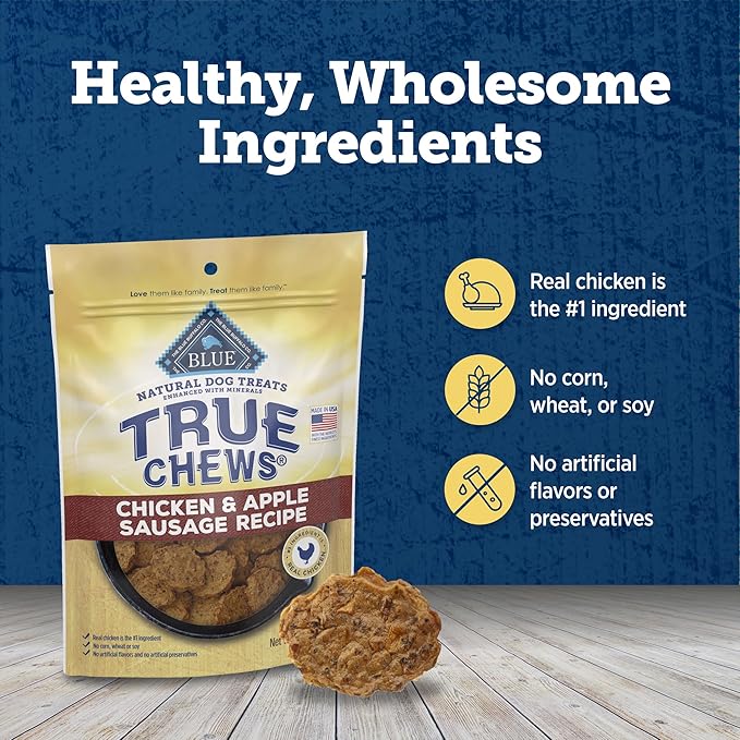 Blue Buffalo True Chews Dog Treats, Made in The USA with Natural Ingredients, Chicken and Apple Sausage Recipe, 12-oz Bag (Pack of 6)