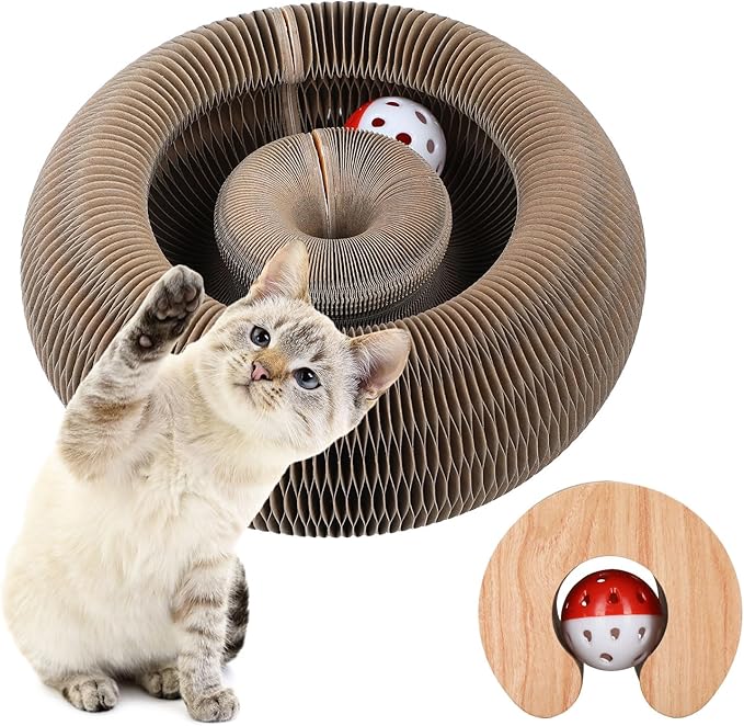 Magic Organ Cat Scratching Board, Interactive Scratch Pad with a Ball, Cat Scratcher for Grinding Claw, Recyclable and Durable, Furniture Protector, Retractable, Brown, Reversible