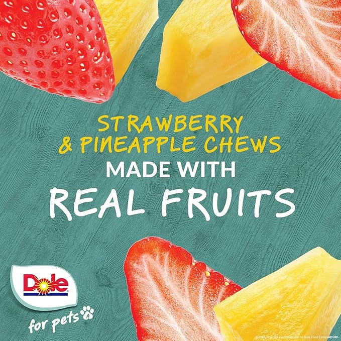 Dole for Pets Dog Chews, Assorted Strawberry + Pineapple Fruit-Flavored Treats, Real Fruit Flavor, No Artificial Colors Flavors or Preservatives, No Wheat Corn Soy, 7.05 Oz Bag - 2 Pack