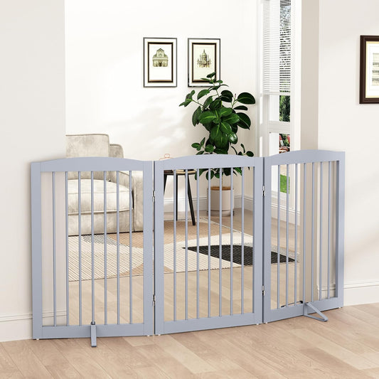 Freestanding Pet Gate for Dogs, Foldable Wooden Dog Gate for House Indoor, Tall Pet Fence for Stair, Doorway,Hall, Support Feet Included, 3 Panels 32",Grey