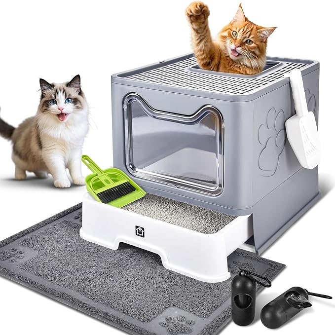 Cat Litter Box with Litter Mat, Foldable Extra Large Free in and Out/One-Way with Lid, Drawer Type Enclosed Kitty Litter Box,Odor Control Anti-Splashing Easy Cleaning (Medium Grey)