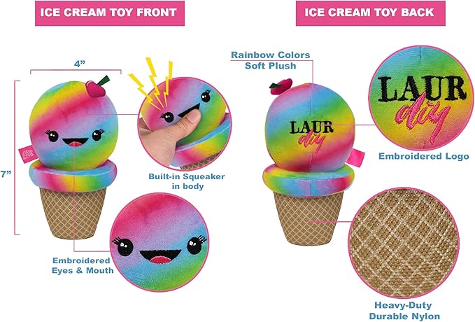 Pets First LaurDIY Ice Cream Cone Plush Pet Toy with Rope & Squeaker - LAURDIY Super Cute Dog Nylon Toy