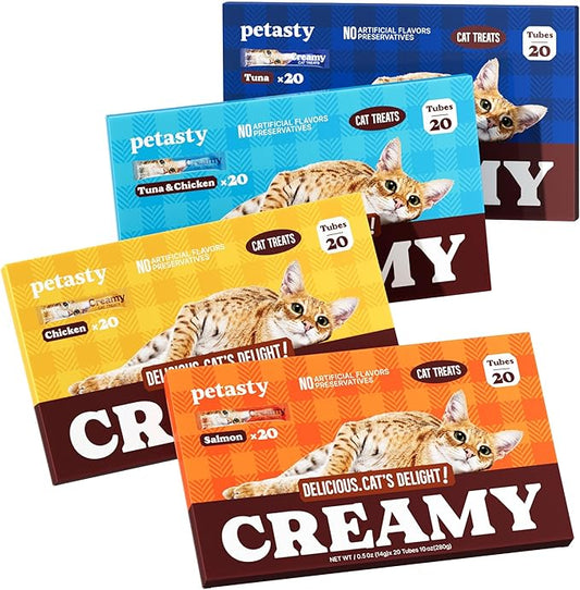 Lickable Cat Treats, High Moisture Hydrating Creamy Puree Squeeze Tubes, Variety Pack, 80 Tubes 0.5oz, Grain-Free, Omega Oils & Vitamin E, Skin & Coat Health, Digestive and Immune Support