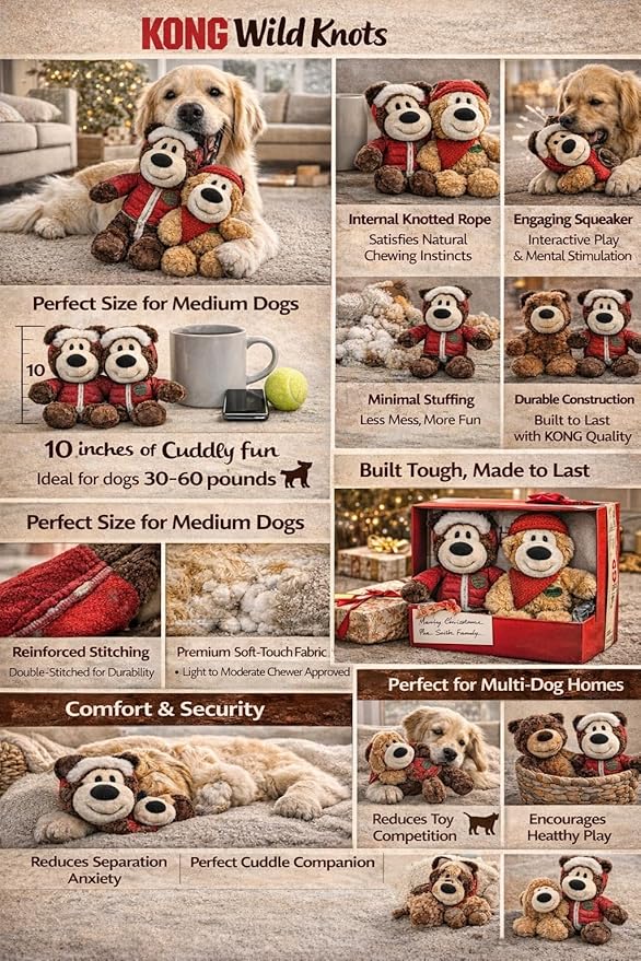 Kong Dog Toys 2-Pack Wild Knots Bears - Durable Plush Squeaker Toys with Internal Rope, Minimal Stuffing, Gift Box for Medium Dogs