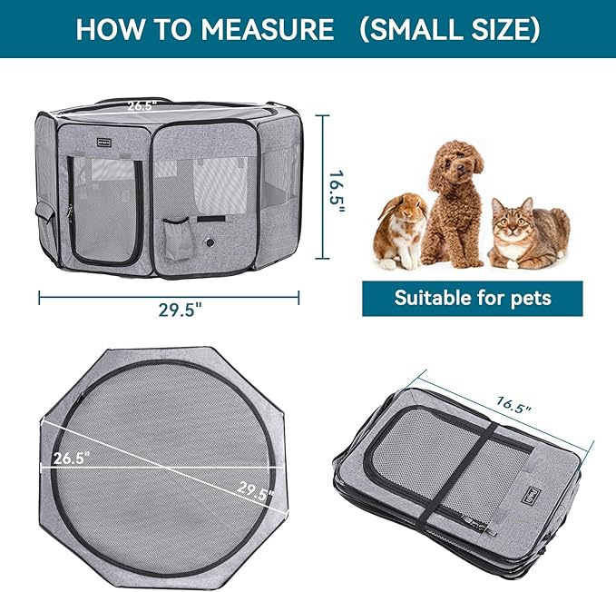 Petsfit Puppy Dog Playpen Indoor, Small Playpen for Dogs Cat Playpen Outdoor, Portable with Carrying Case, Removable Zipper Sealed Cover Playpen Mat Grey Small (29.5"x29.5"x16.5"H)