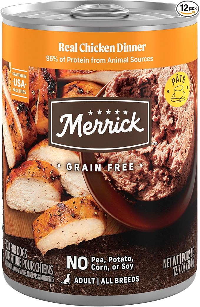 Merrick Grain Free Premium And Natural Canned Dog Food, Soft And Healthy Wet Recipe, Real Chicken Dinner - (Pack of 12) 12.7 oz. Cans
