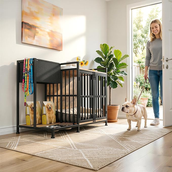 AFLUI 41.4'' Dog Crate Furniture with Built-in Feeding Station and Storage Bag, Wooden Dog Kennel Indoor End Table with Double Front Doors for Small/Medium Dogs, Rustic Brown